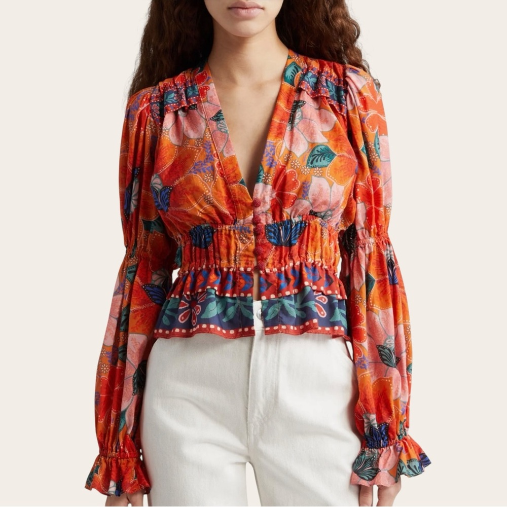 FARM Rio Orange Floral Smocked Peasant Blouse